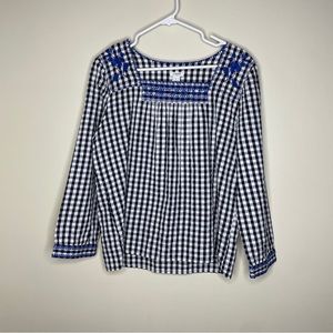 J. Crew Gingham Blouse with Embroidery on shoulders size medium blue and white